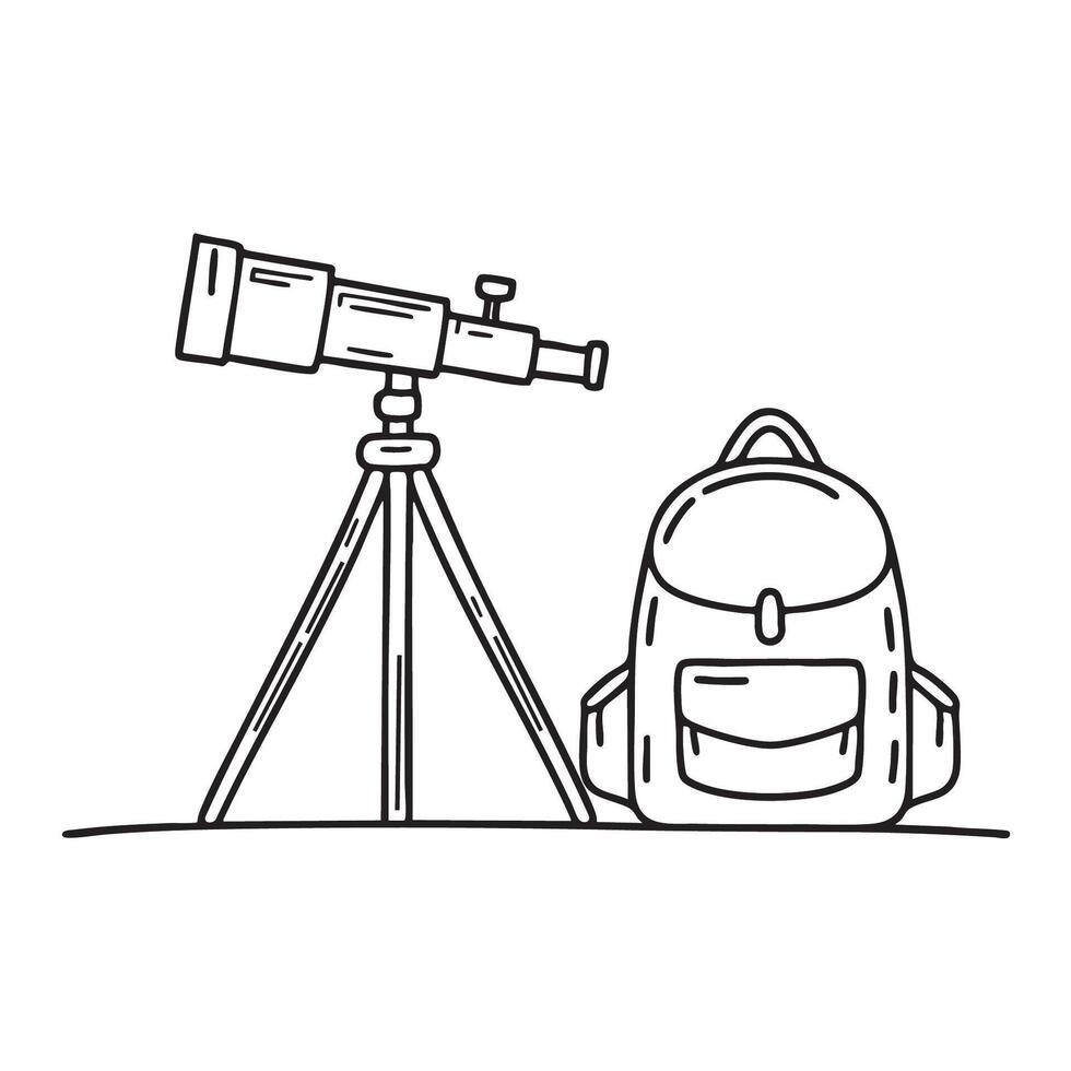A telescope beside a backpack on a mountain vector