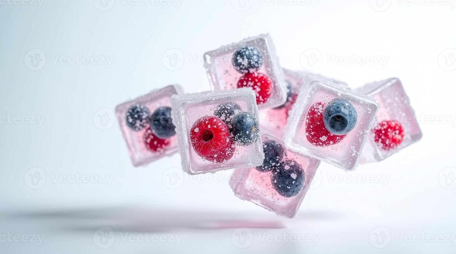 Floating Berry Infused Ice Cubes with Raspberries and Blueberries on Light Background photo