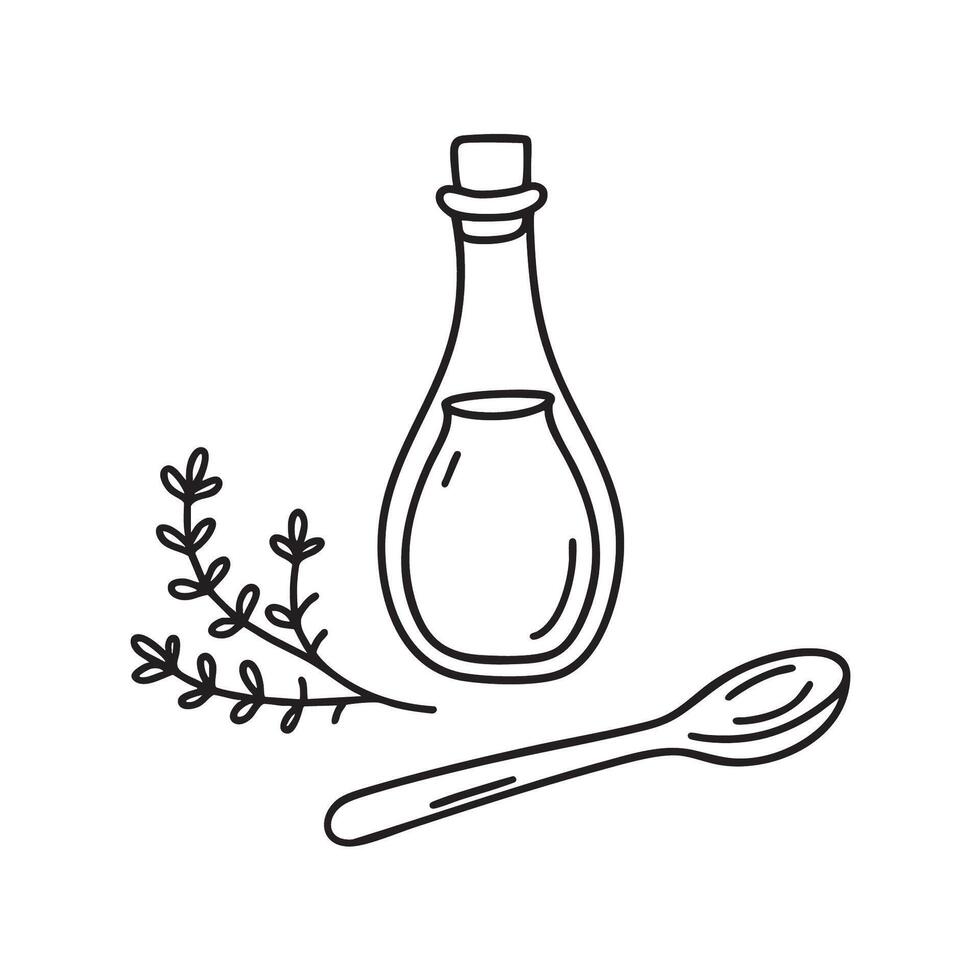 A thyme sprig beside an olive oil bottle and spoon vector