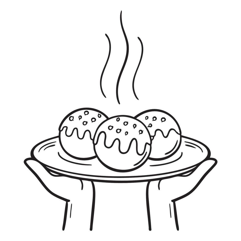 A takoyaki held above a plate with steam rising vector