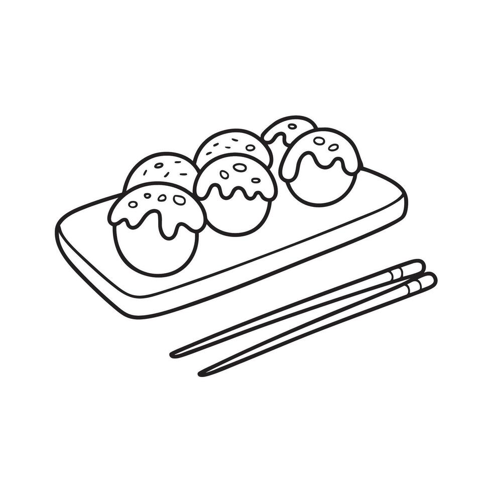 A takoyaki on a wooden tray beside a pair of chopsticks vector