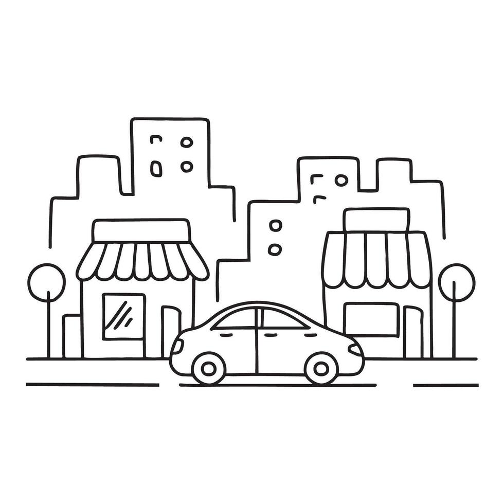 A taxi driving past a row of shops in the city vector