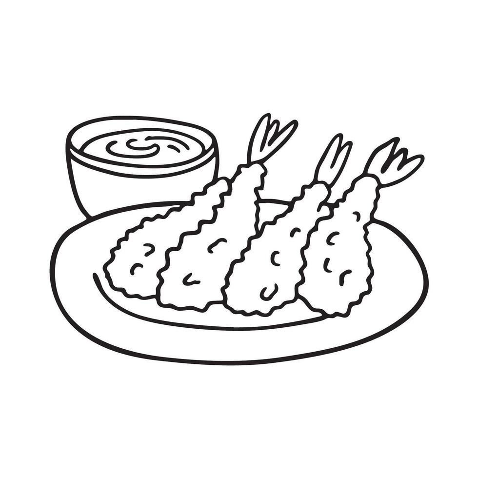 A plate of tempura beside dipping sauce on a table vector
