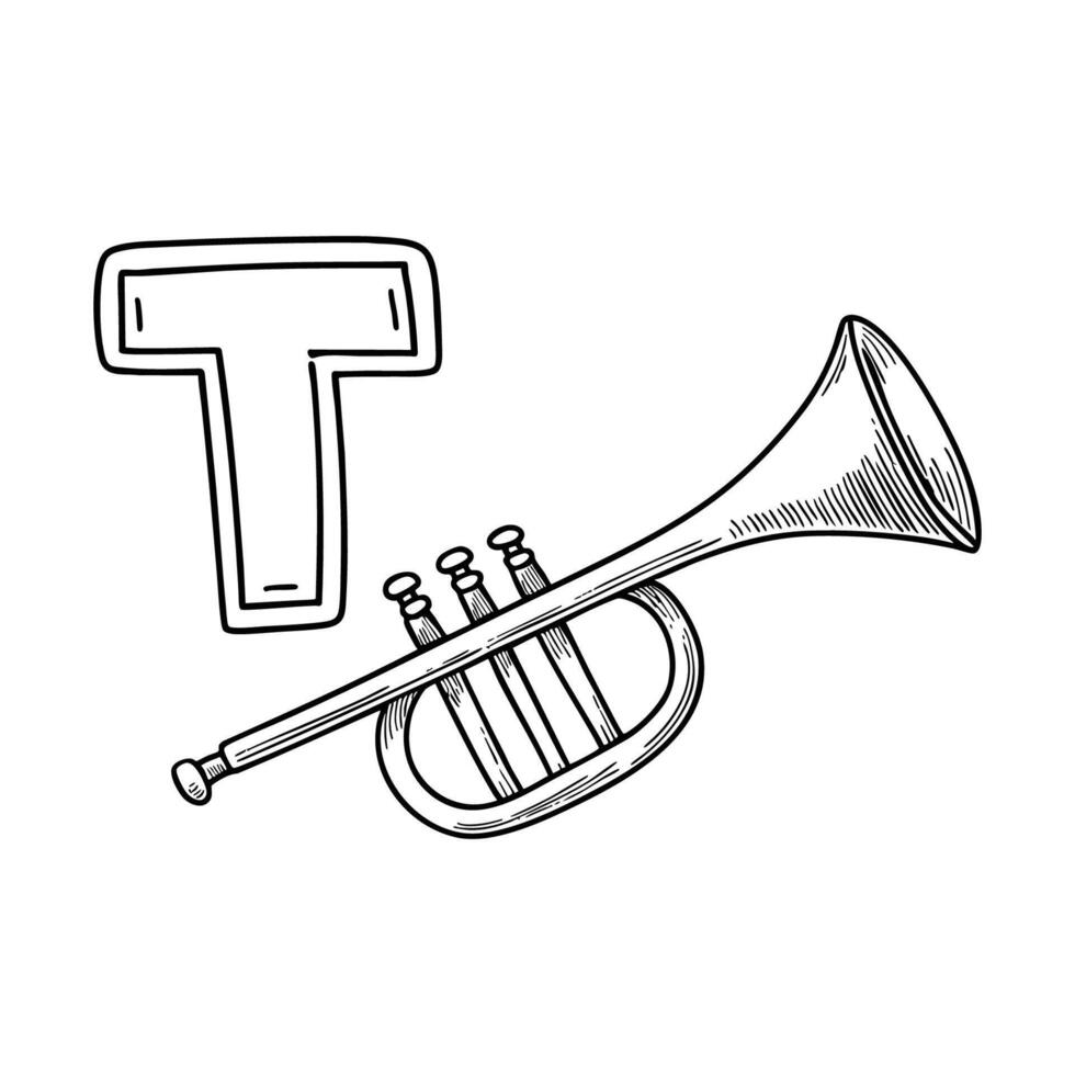 An illustration of letter T stands for T Trumpet vector