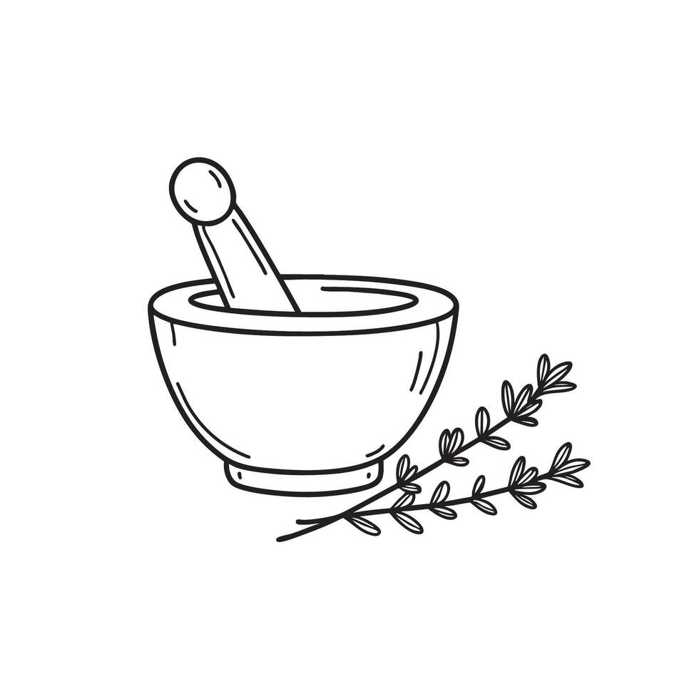 A thyme sprig beside a mortar filled with spice mix vector