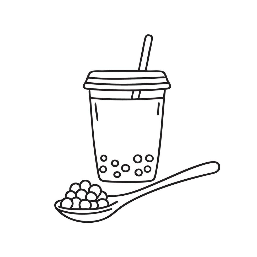 A tapioca ball resting on a spoon beside a bubble tea cup vector