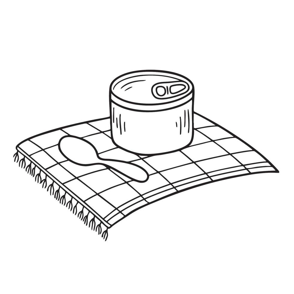 A tin resting beside a spoon on a picnic table vector