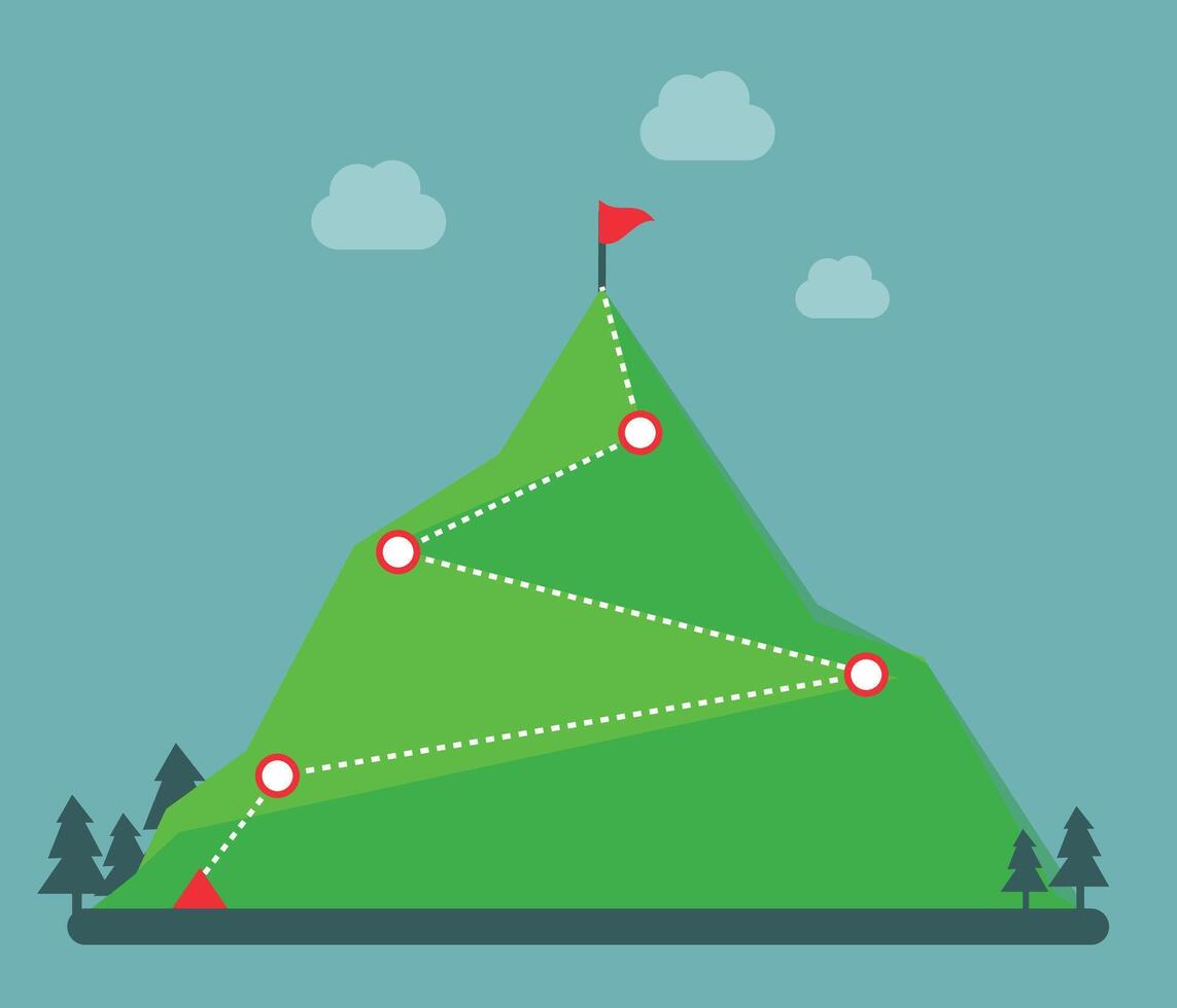 Climbing hiking. Flag on the mountain peak. Way to successful Business. vector