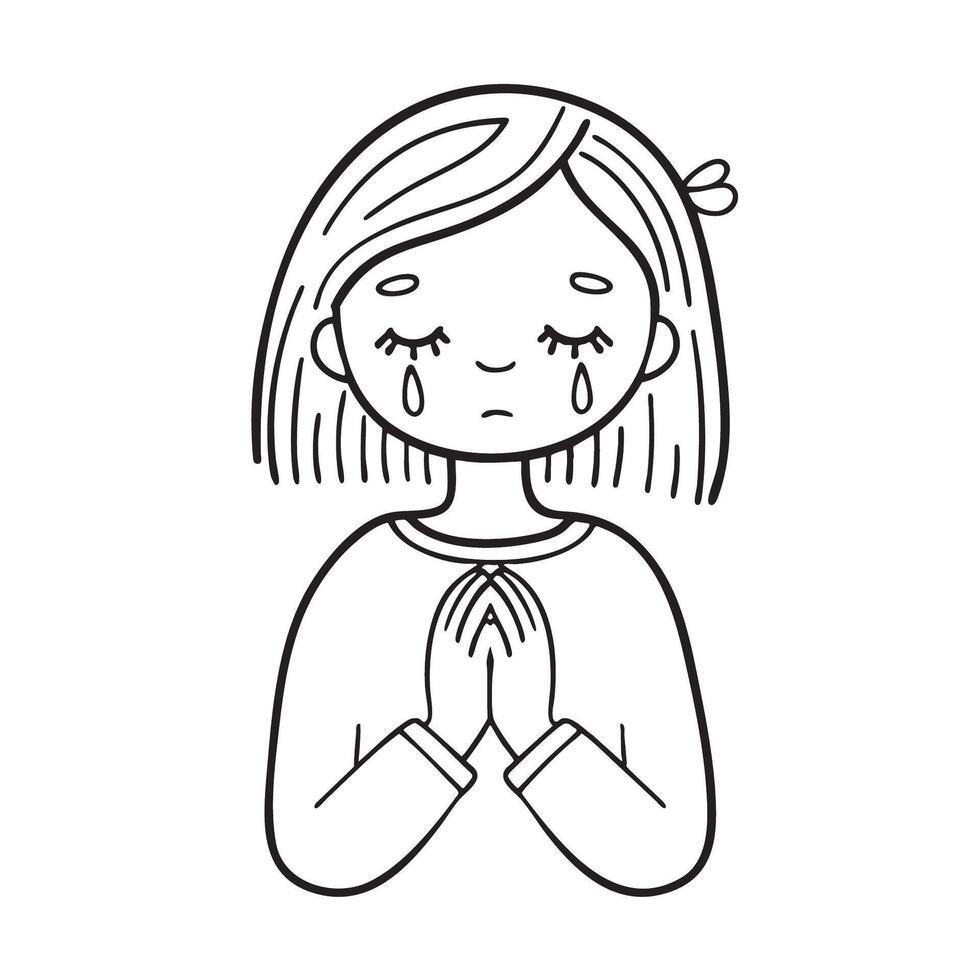 Tears from eyes of girl with clasped hands vector