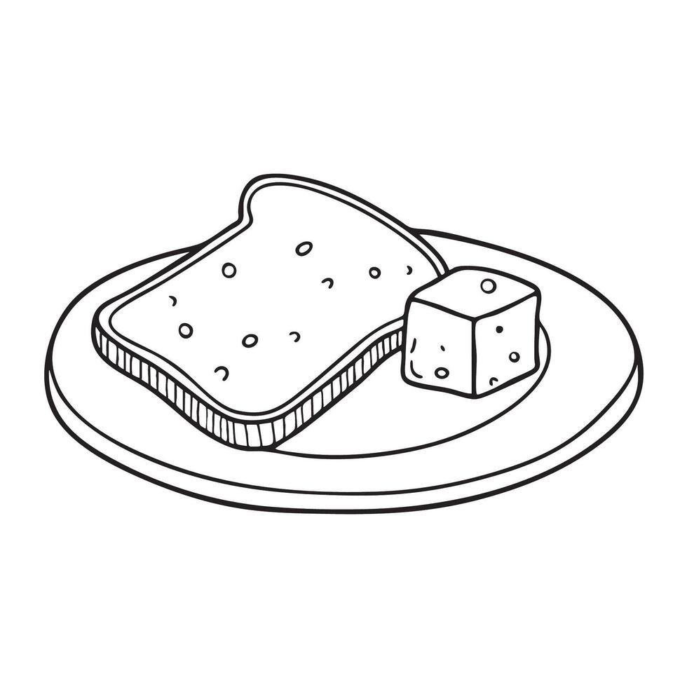 A toast slice beside a cheese cube on a lunch plate vector