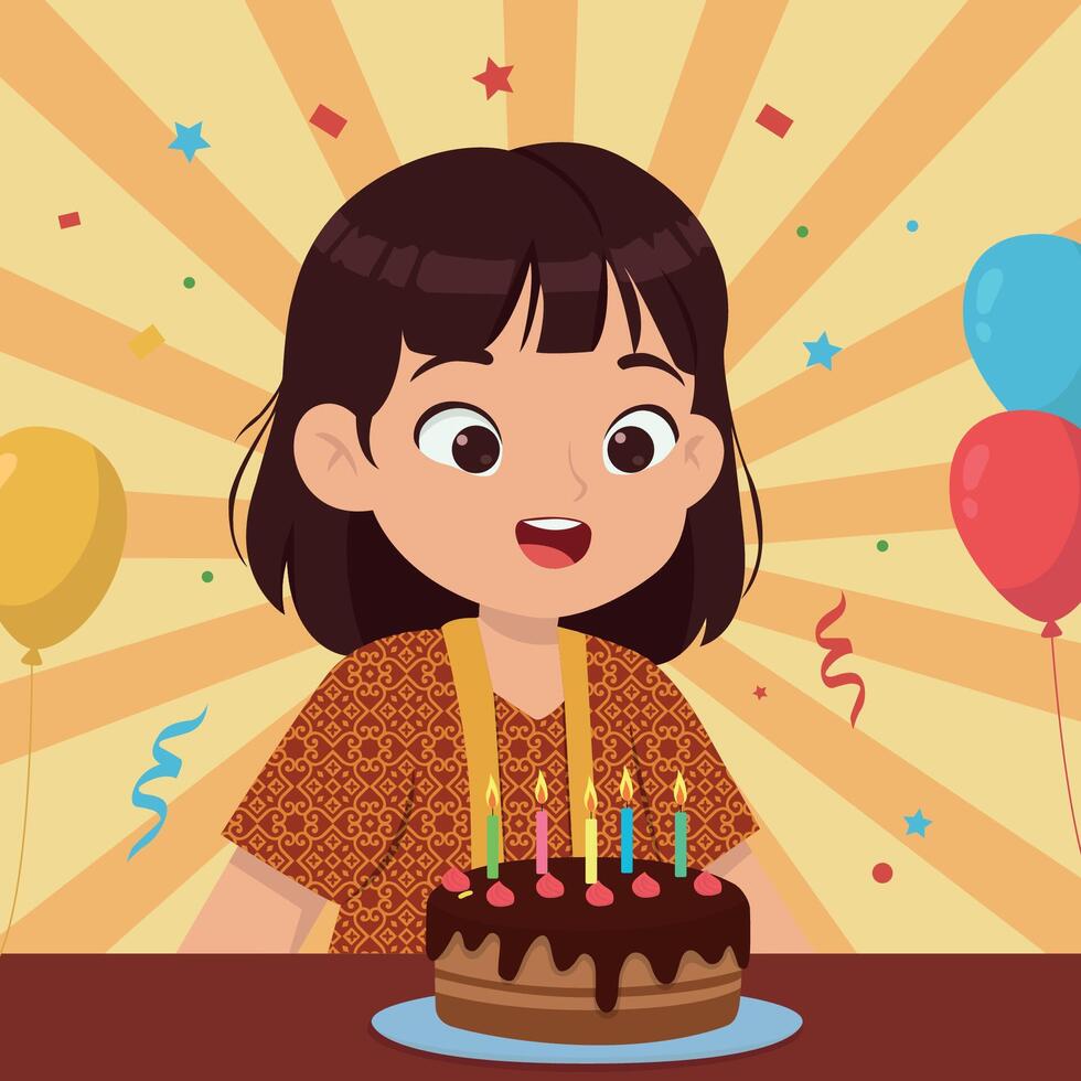 Happy Girl in Batik with Birthday Cake and Festive Background vector