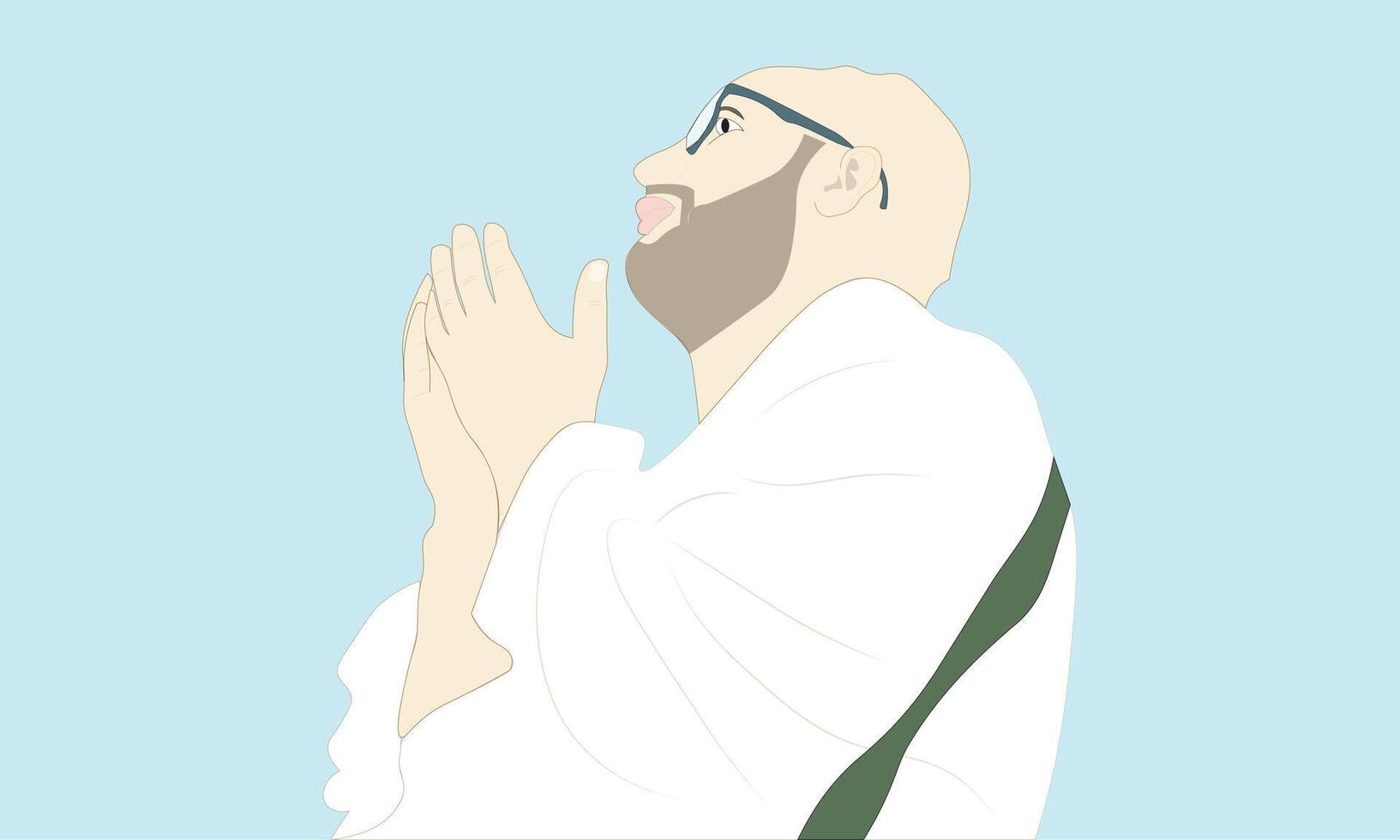 A Pilgrim Muslim Man Praying in Religious Devotion at Mecca in front of the Kaaba, Pilgrim . vector