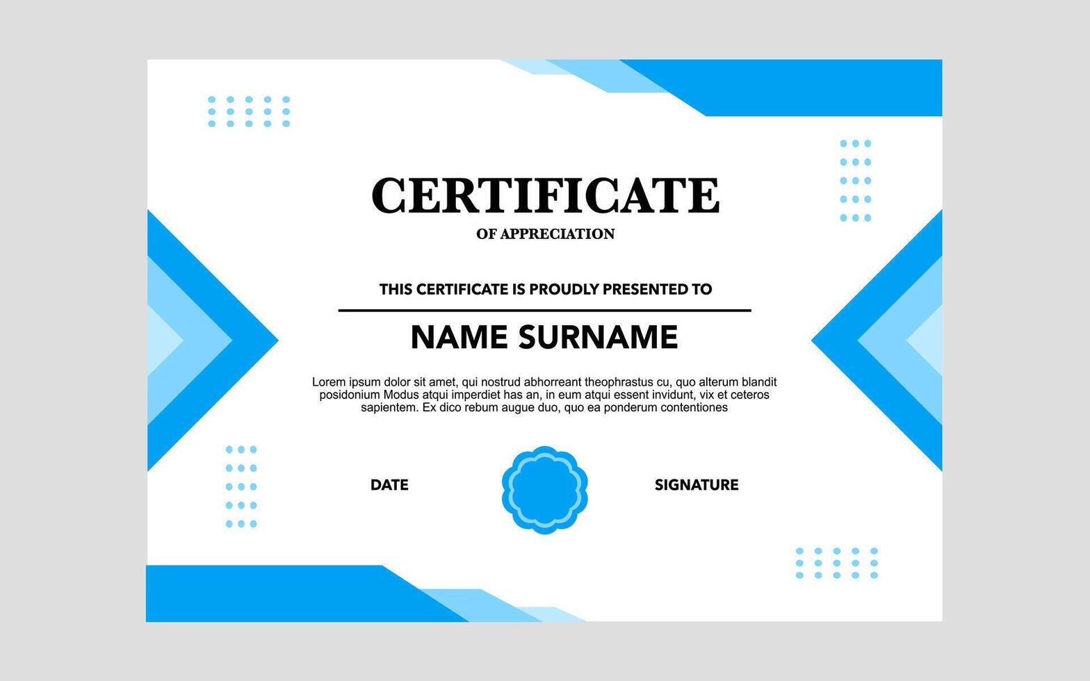 Certificate of appreciation with blue and white borders. vector