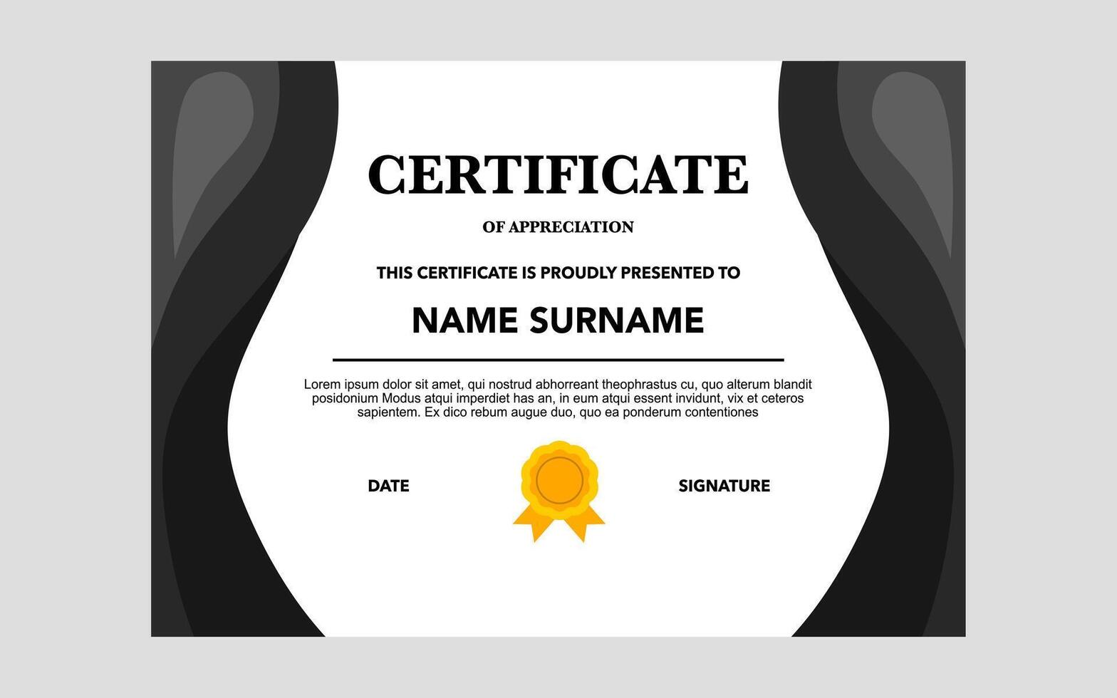 Gold accents enhance this black and white certificate of appreciation with a golden seal. vector
