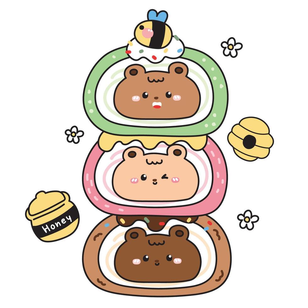 Cute teddy bear roll cake.Bakery.Sweet and dessert.Honey and bee.Strawberry,green tea,chocolate flavor.Wild animal character cartoon.Kawaii.Illustration. vector