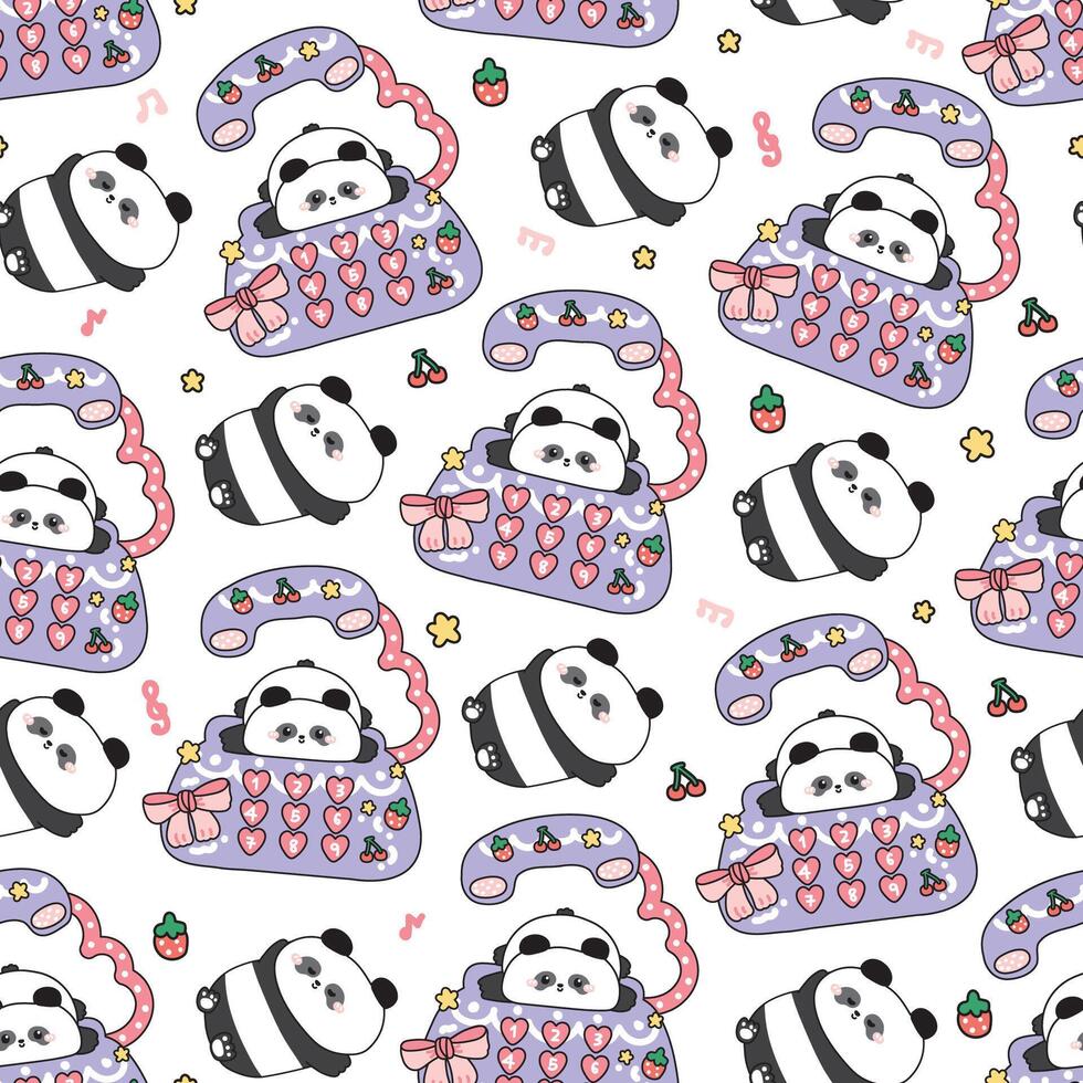 Seamless pattern of cute teddy panda bear lay on classic retro telephone desk background.Kid graphic.Strawberry,cherry,star,music note,bow hand drawn.Chinese animal character cartoon.Kawaii. vector