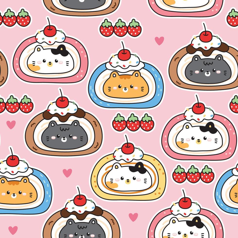 Seamless pattern of cute cats cherry roll cake with heart background.Bakery.Sweet and dessert.Strawberry,blueberry,chocolate flavor.Pet animal character cartoon.Meow.Kitten.Kawaii.Illustration. vector