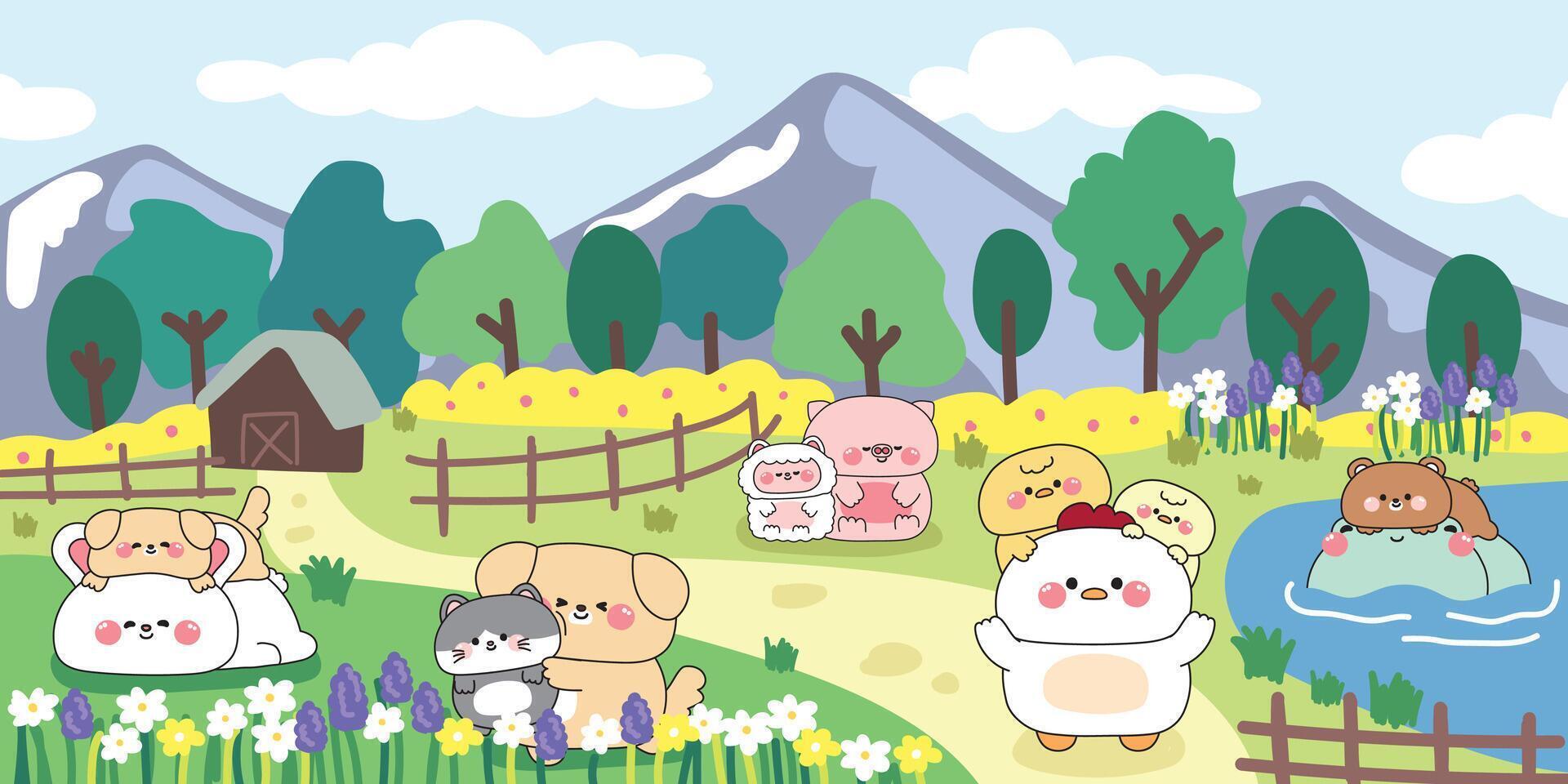 Cute animals and baby do different activities in farm grass background.Rabbit,dog,cat,sheep,pig,chicken,hen,frog hand drawn.Nature.Flower and mountain.Cartoon.Kawaii. vector