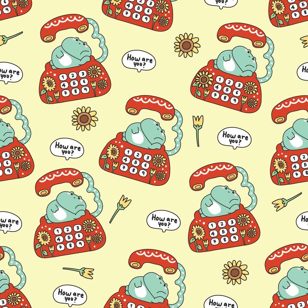Seamless pattern of cute frog stay on classic retro telephone desk background.Kid graphic.Sunflower hand drawn.How are you text.Reptile animal character cartoon.Kawaii.Illustration. vector