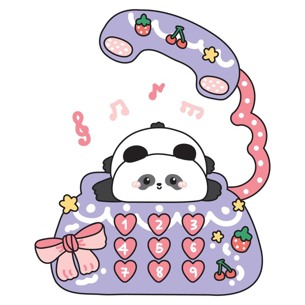 Cute teddy panda bear lay on classic retro telephone desk.Kid graphic.Strawberry,cherry,star,music note,bow hand drawn.Chinese animal character cartoon.Kawaii.Illustration. vector