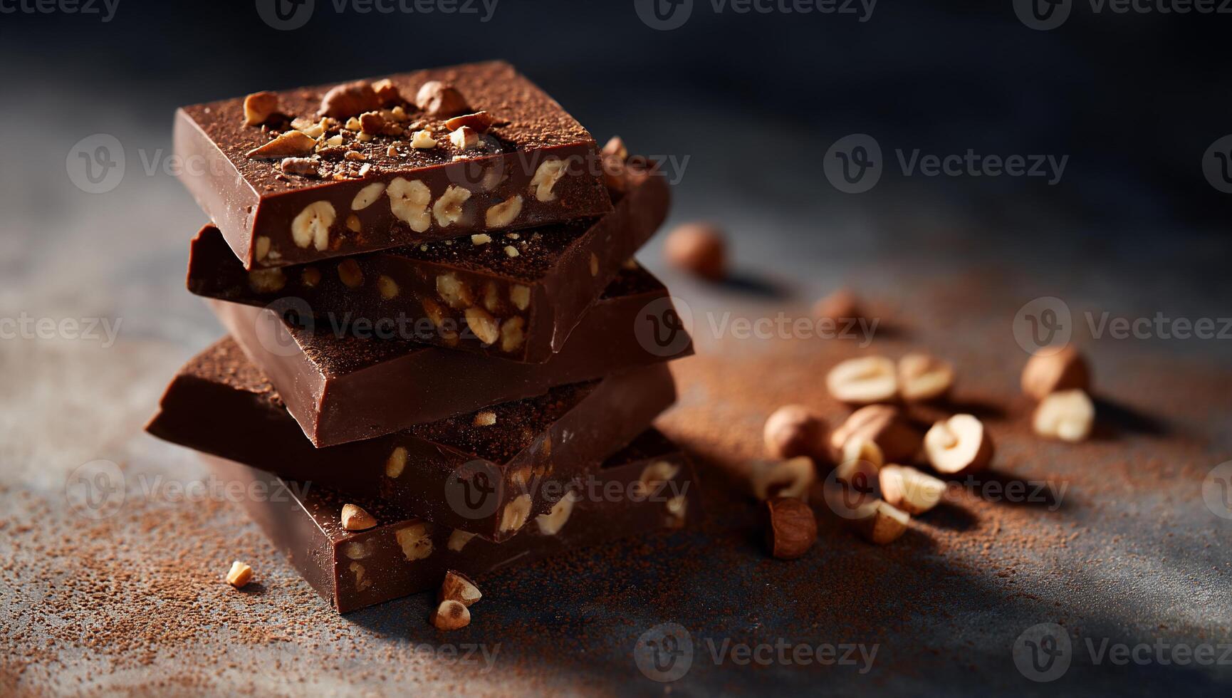 Dark chocolate squares with hazelnuts. Layers of rich dark chocolate, studded with crunchy hazelnuts, creating a visually appealing stack photo