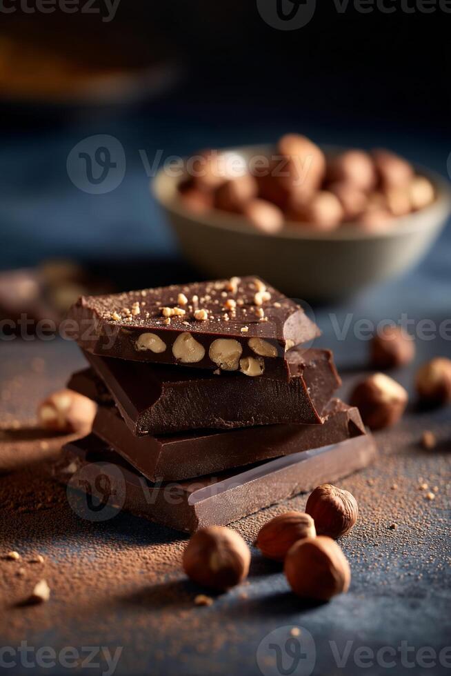 A stack of chocolate bars with nuts on a dark background photo