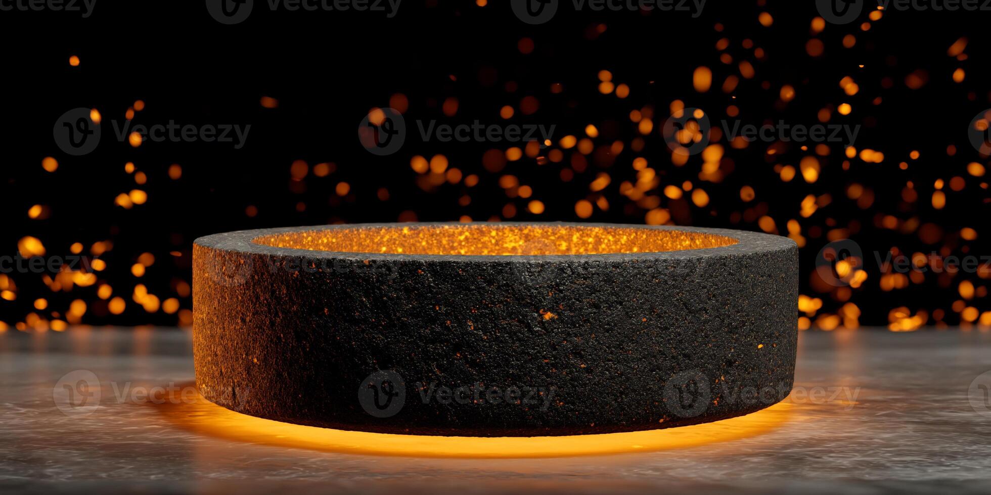Dark, textured circular platform with glowing rim, set against a backdrop of warm, diffused light photo
