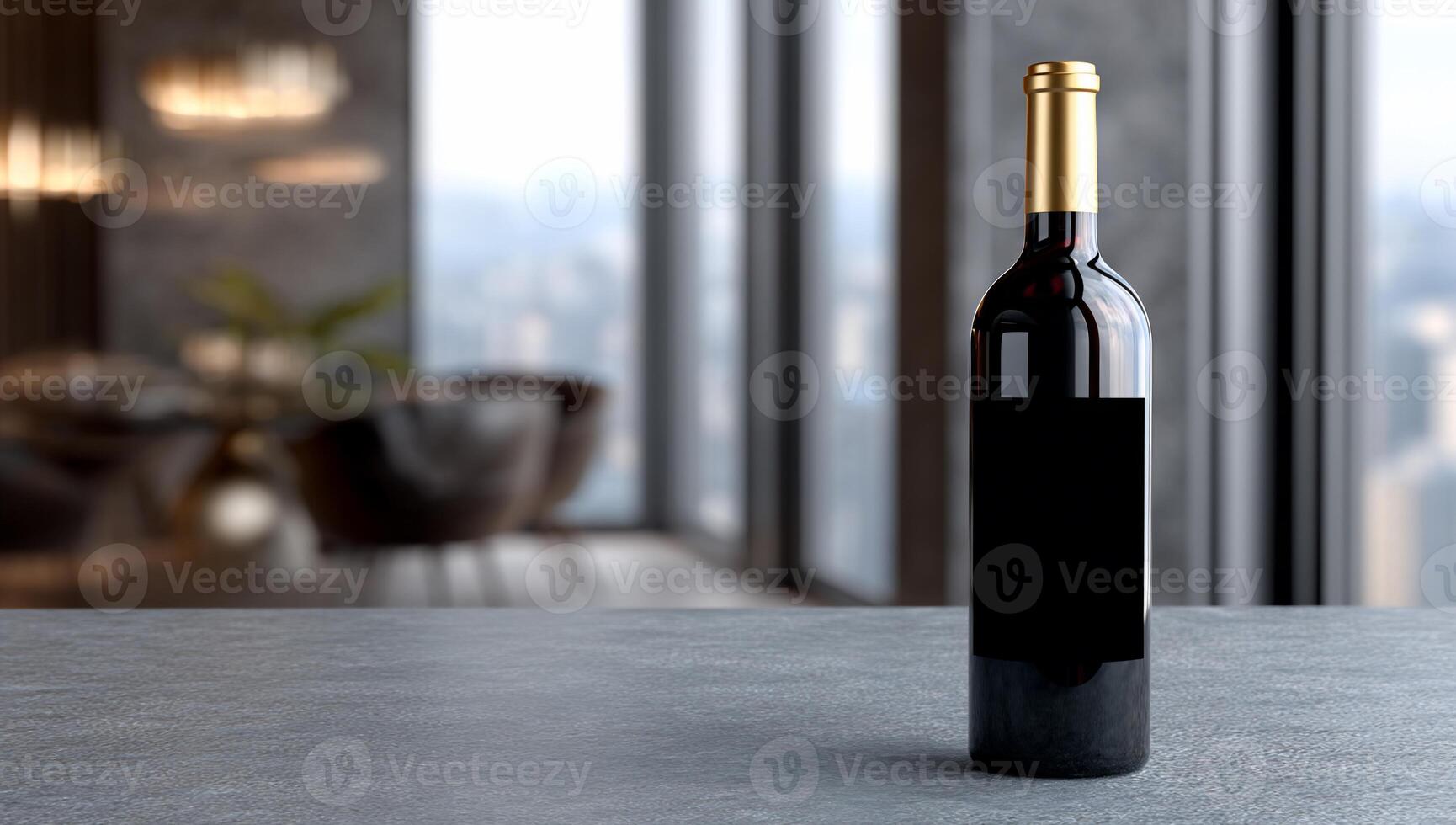 Red wine bottle on a table, modern interior background photo
