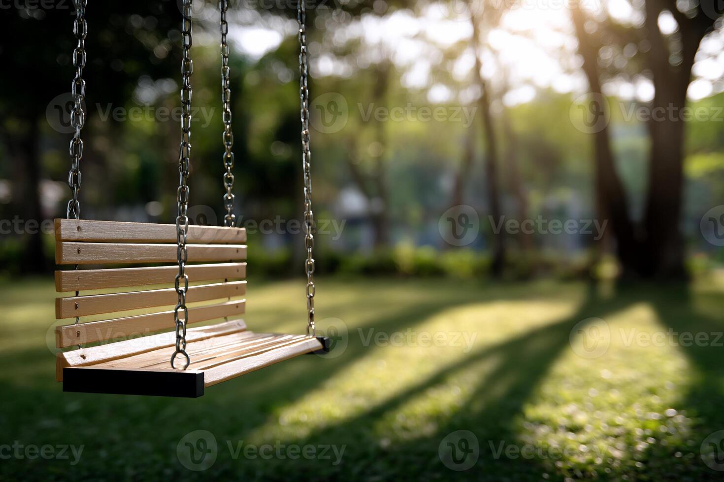 Empty wooden swing in a park photo