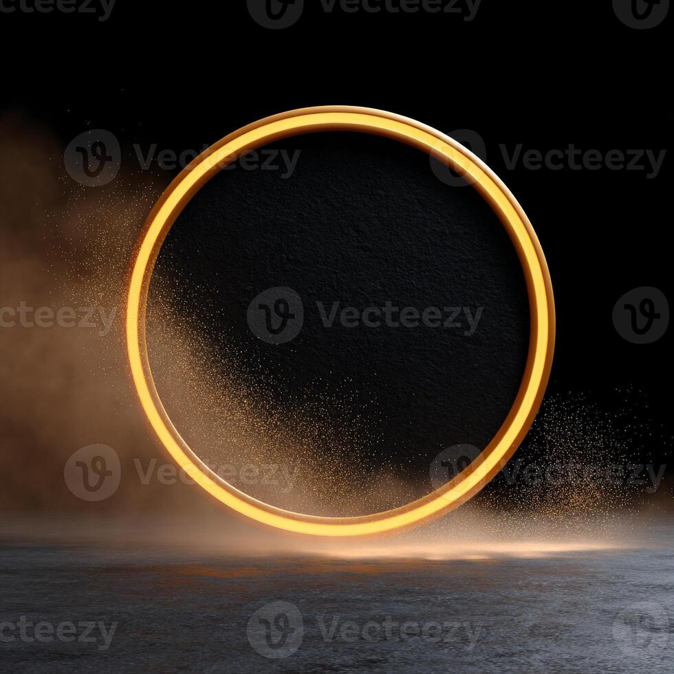 Golden ring frame on dark background with dust photo