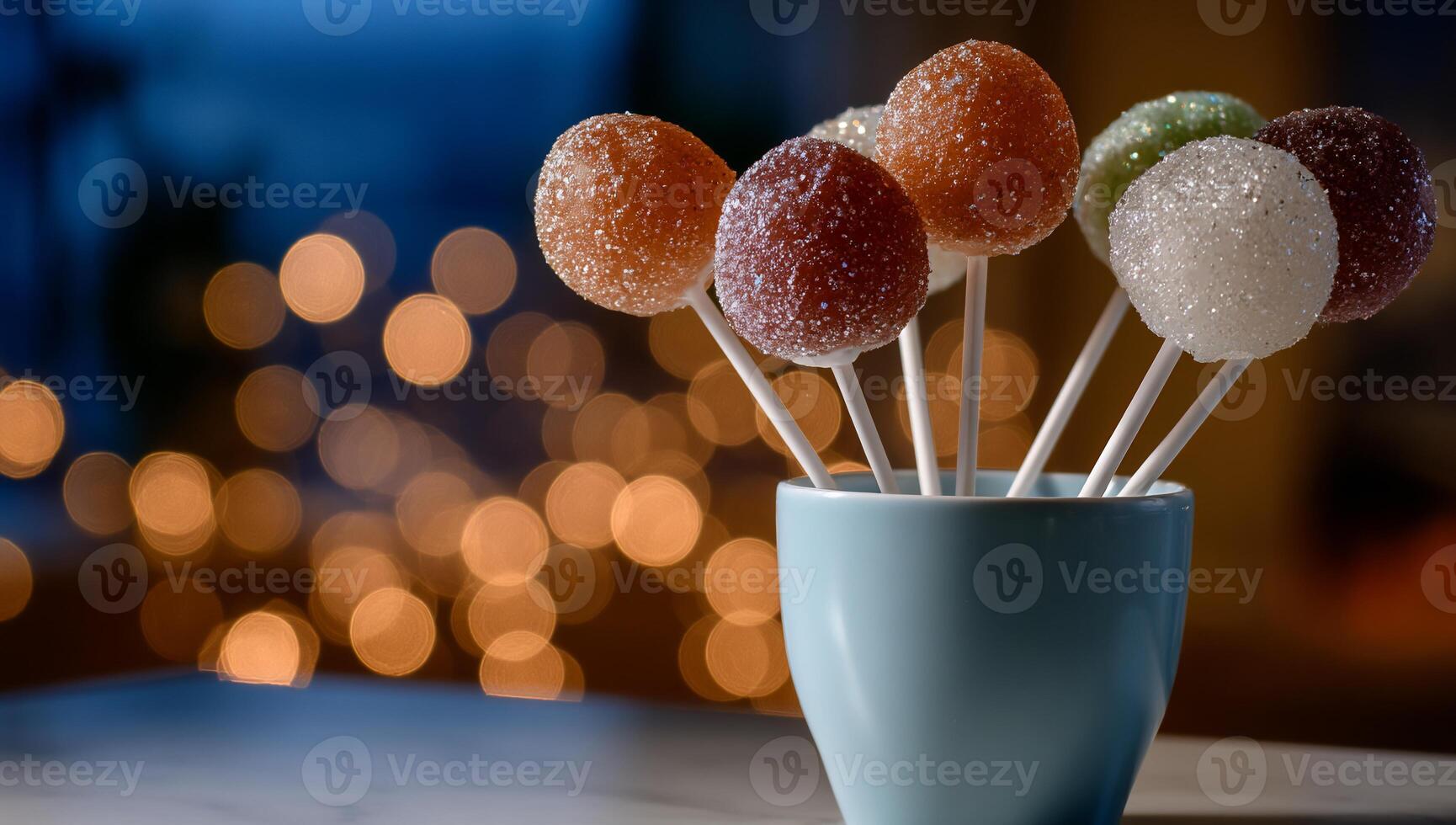 Colorful lollipop assortment in a teal cup. Blurred background of lights photo