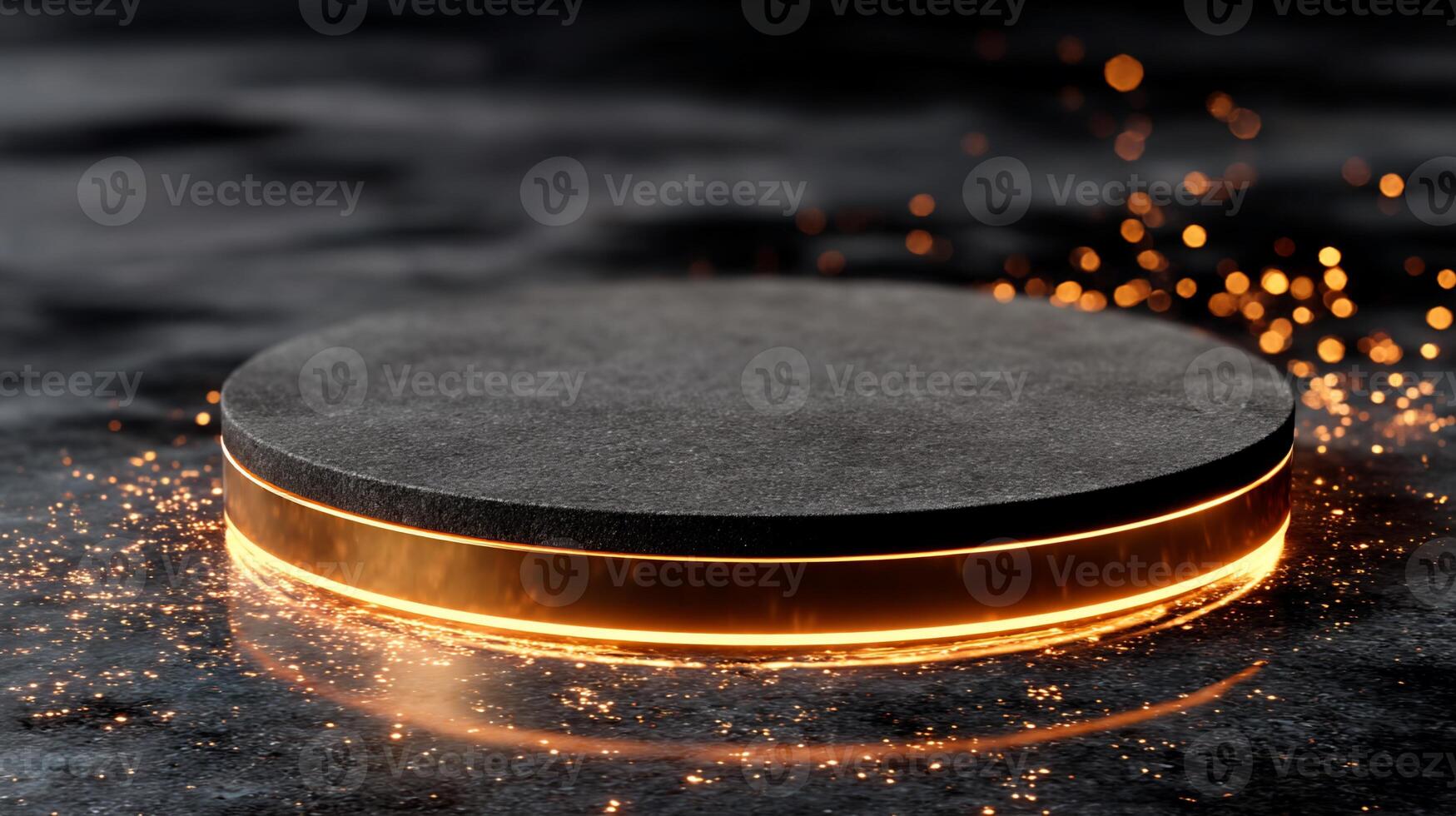 Dark grey circular pedestal with golden ring, lit by warm light. Sparkles and smoke effect around photo