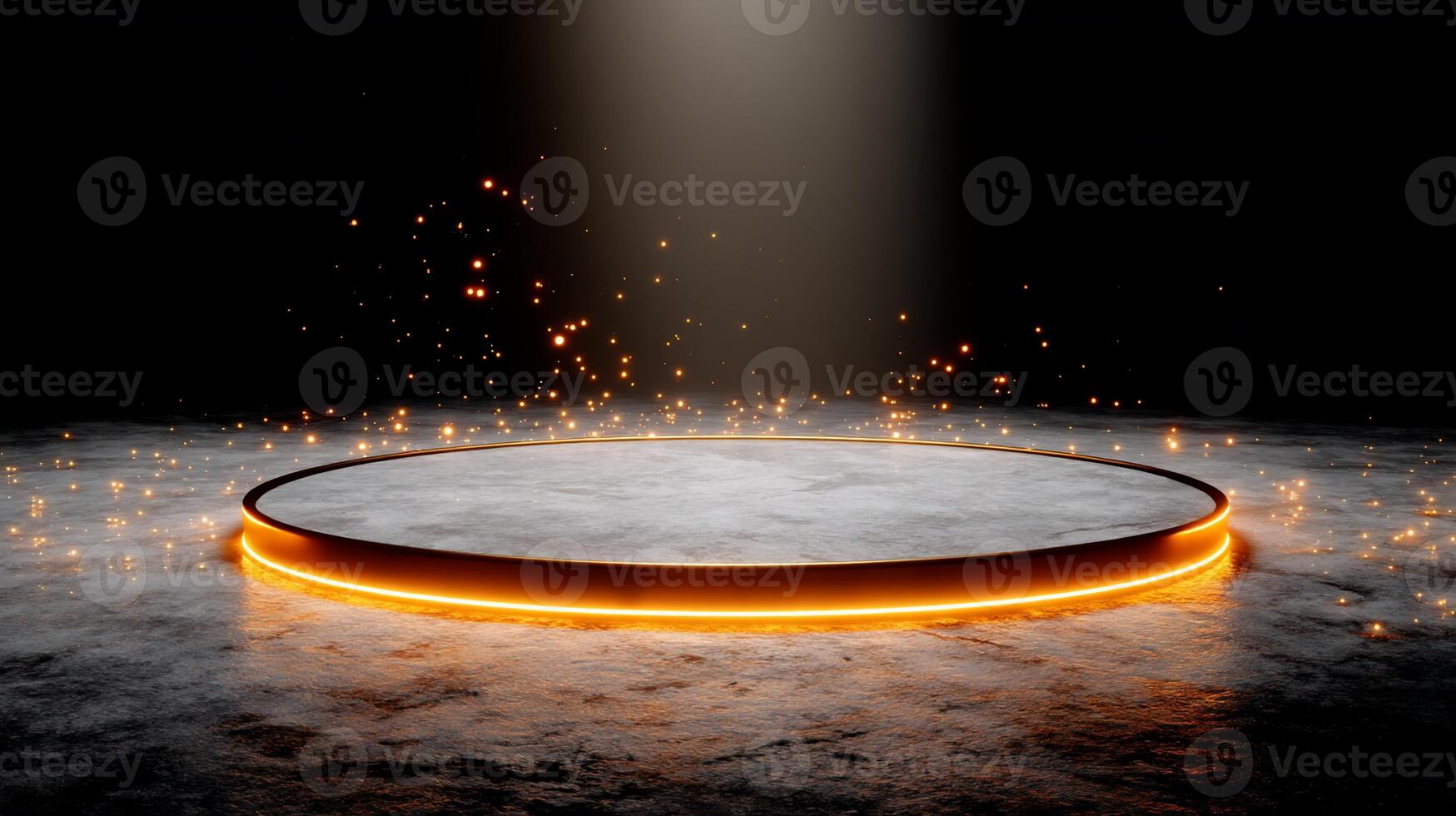Sleek, circular, concrete podium, illuminated by warm, golden light. Sparkling particles drift around the base, creating a futuristic, dynamic effect photo