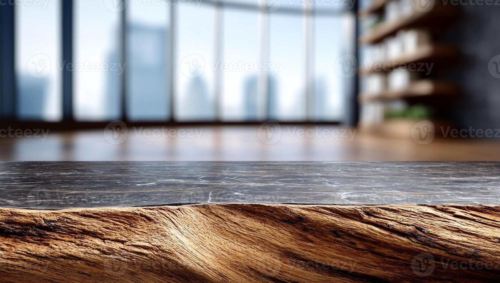 Modern, rustic wooden tabletop with city view photo