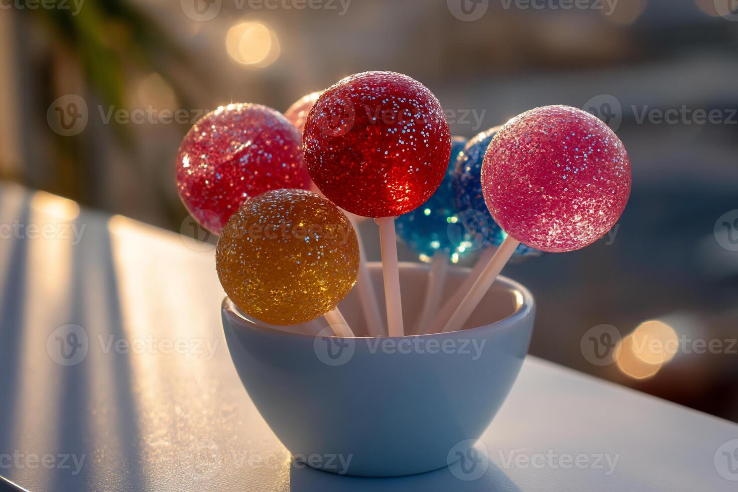Colorful round lollipops in a small bowl photo