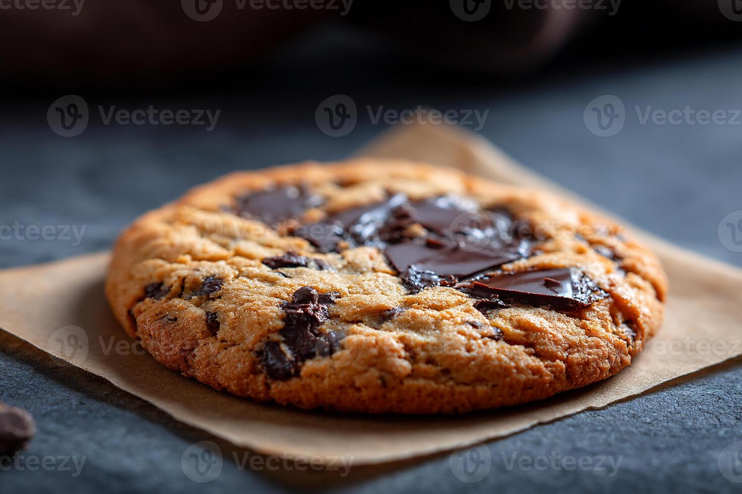 Close-up of a round chocolate chip cookie, warm and inviting, with melted chocolate chunks photo