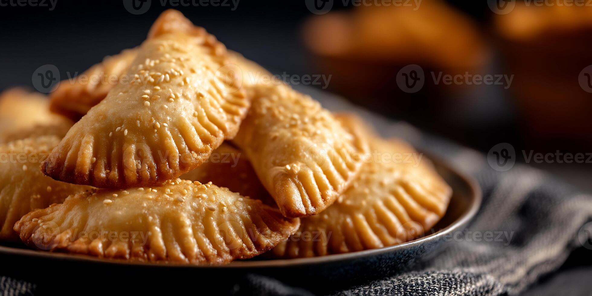A bowl of baked empanadas on a table photo