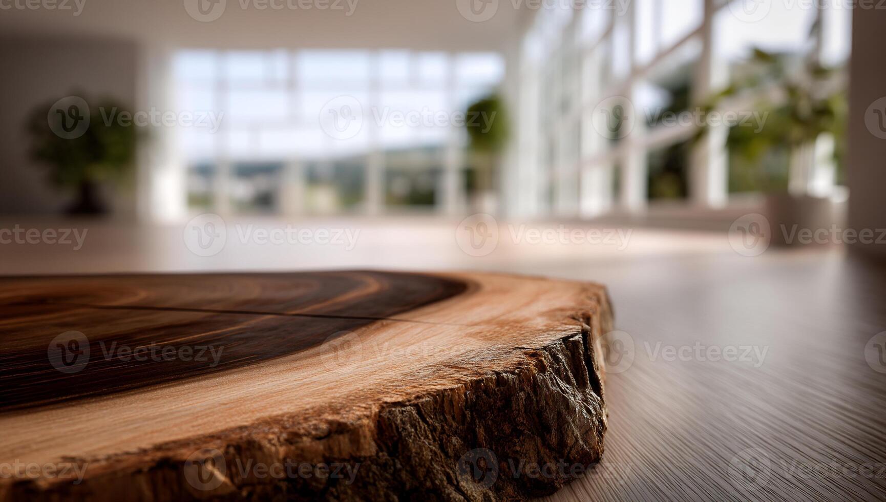 Wooden slice centerpiece in a bright, modern room photo
