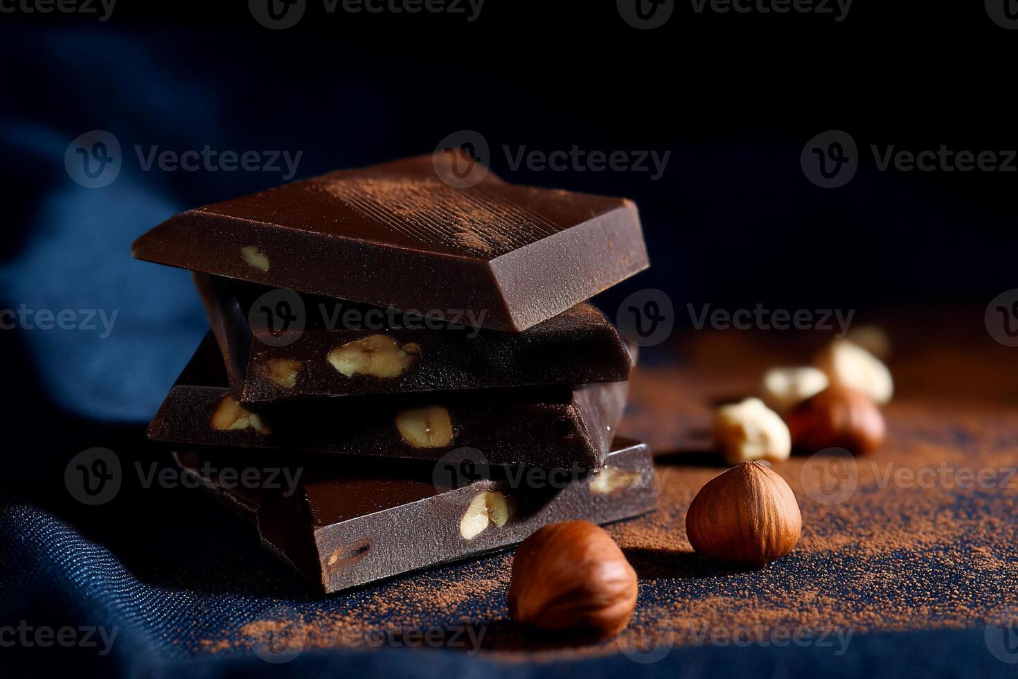 A stack of chocolate bars with nuts on top photo