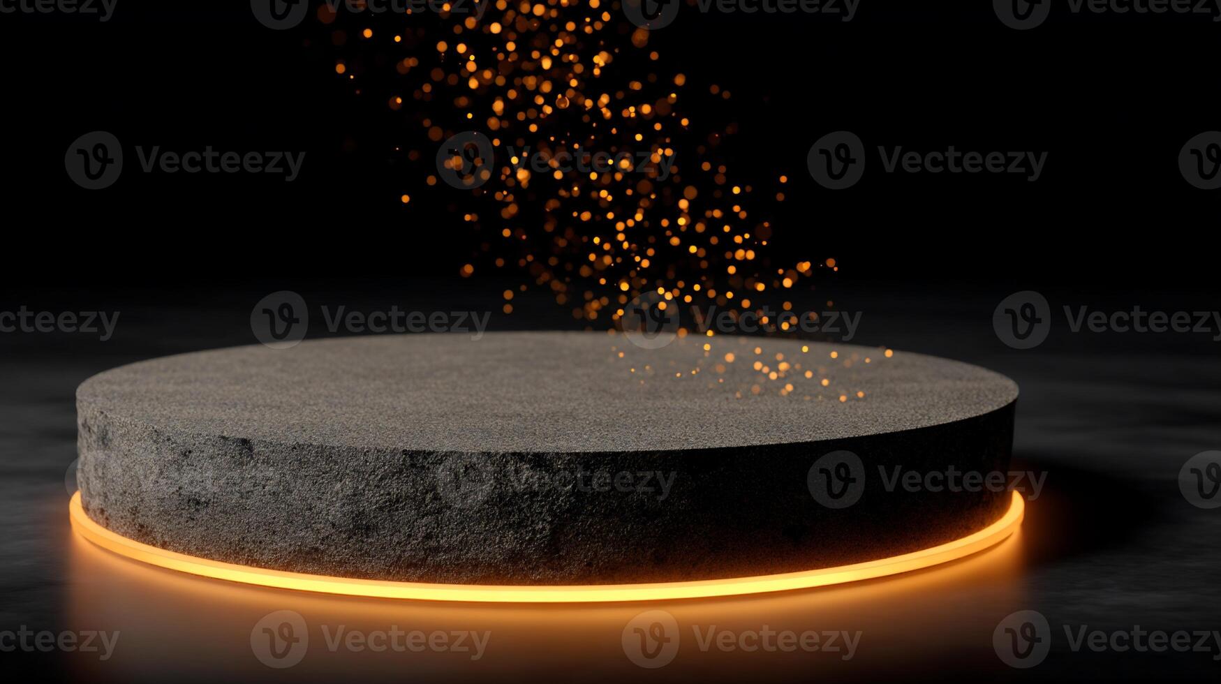 Dark grey circular stone podium with glowing orange light and golden particles photo