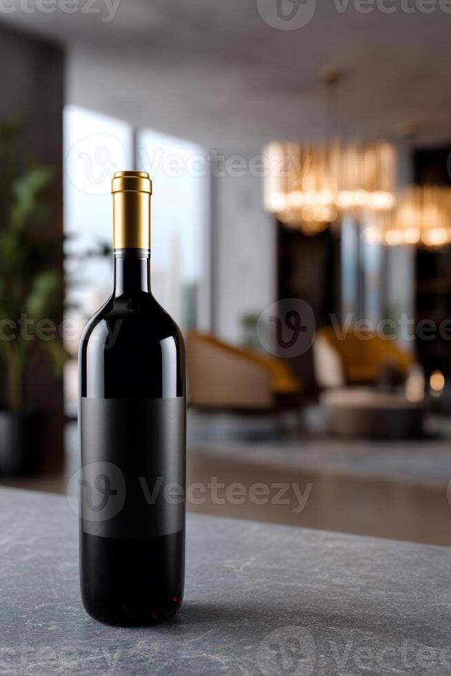 Dark bottle of wine on a table, modern interior photo