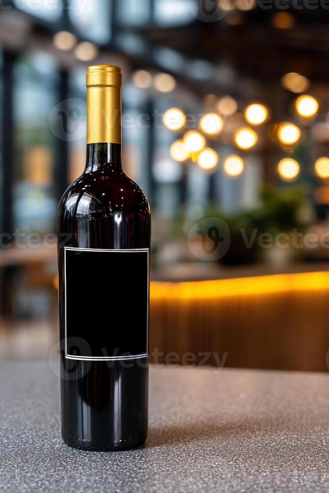 Red wine bottle on a table in a modern restaurant photo