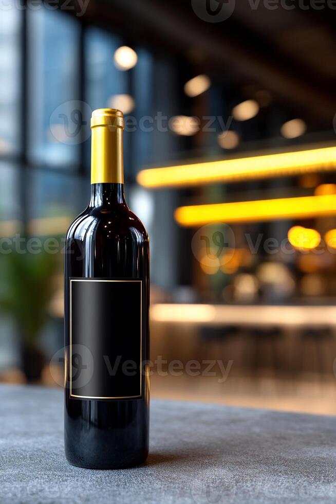 Red wine bottle on a table, blurred modern interior background photo
