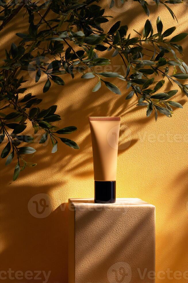 Cream tube on a beige podium, natural light photo
