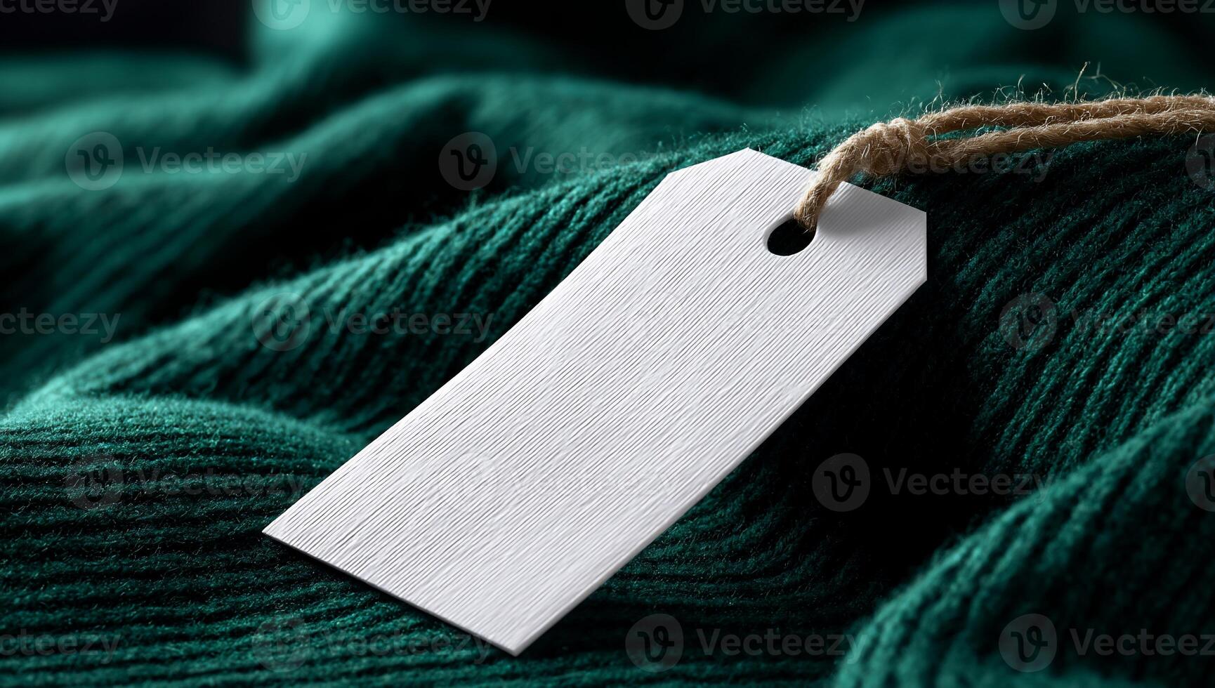 Blank price tag on emerald green fabric photo