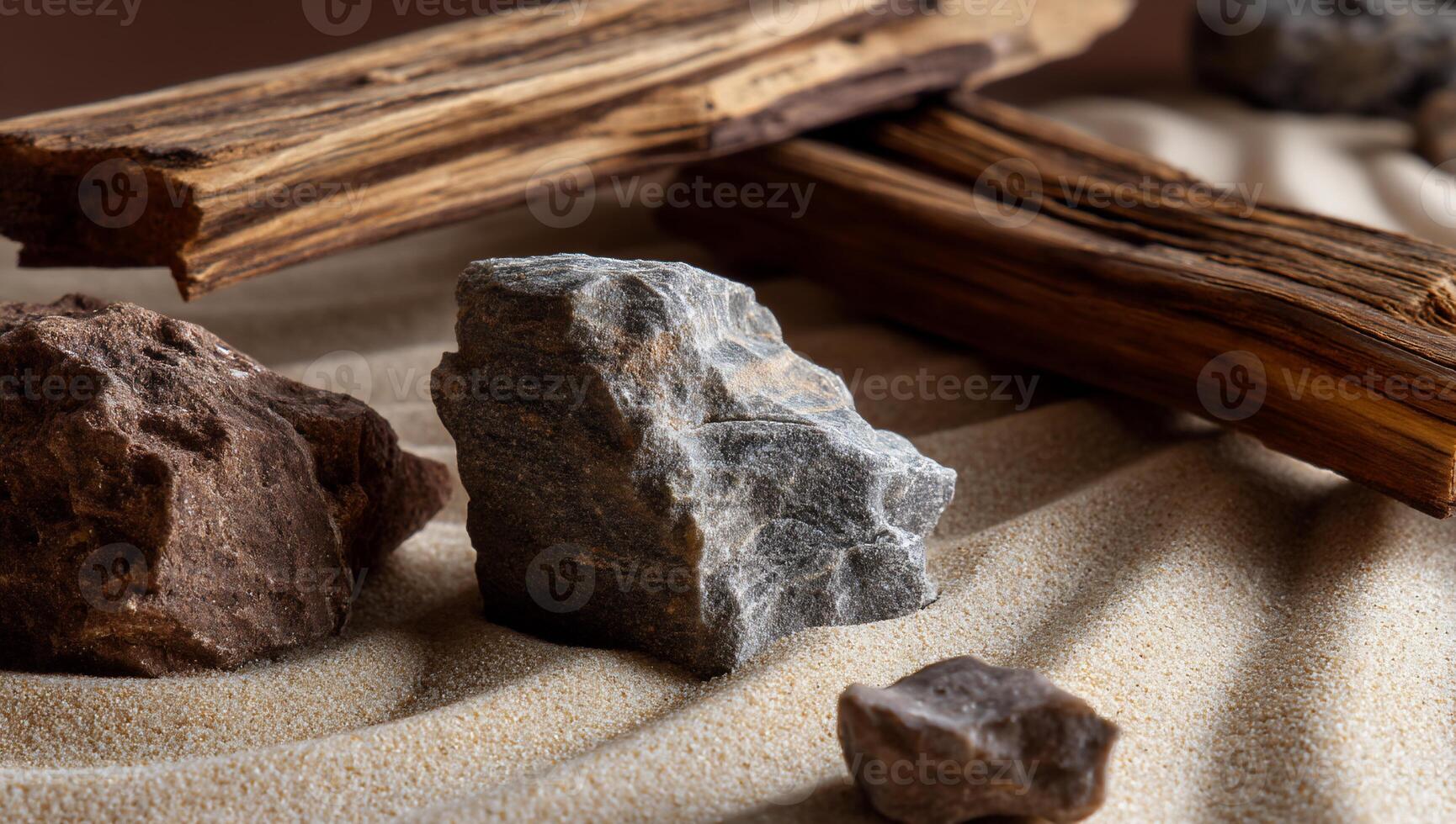 Wooden planks and stones on sand photo
