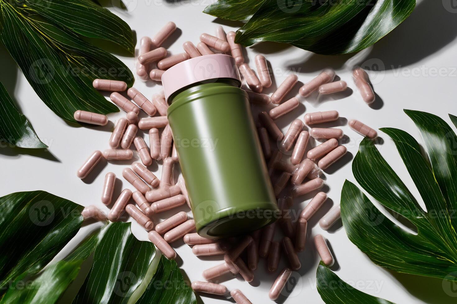 Green bottle surrounded by pink capsules and tropical leaves photo
