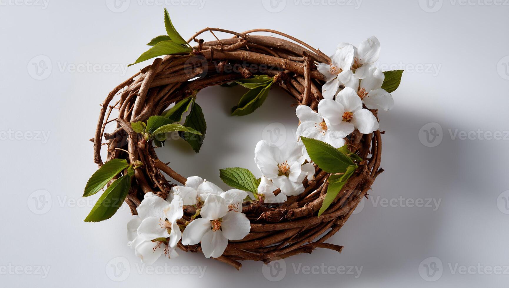 Delicate spring wreath of twigs and blossoms. A circular arrangement of light brown twigs forms a frame for small, white flowers and leaves photo