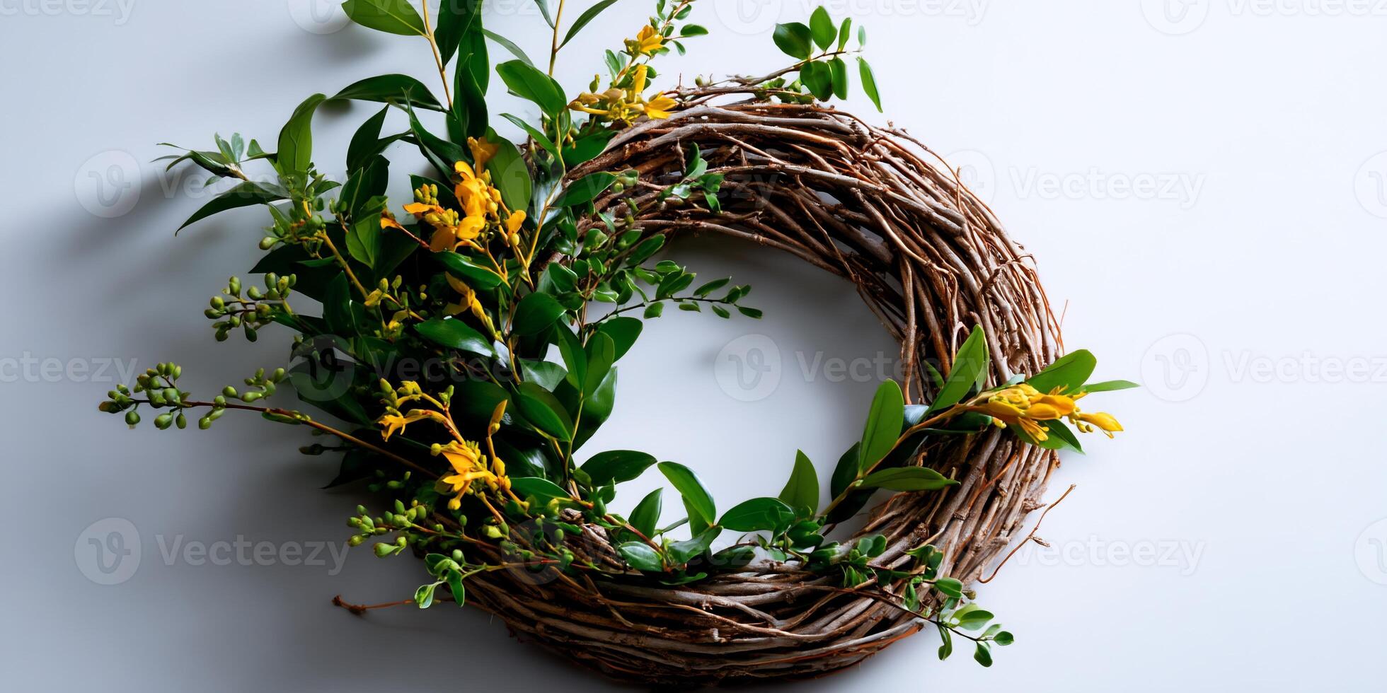 A wreath made of twigs and flowers on a white wall photo
