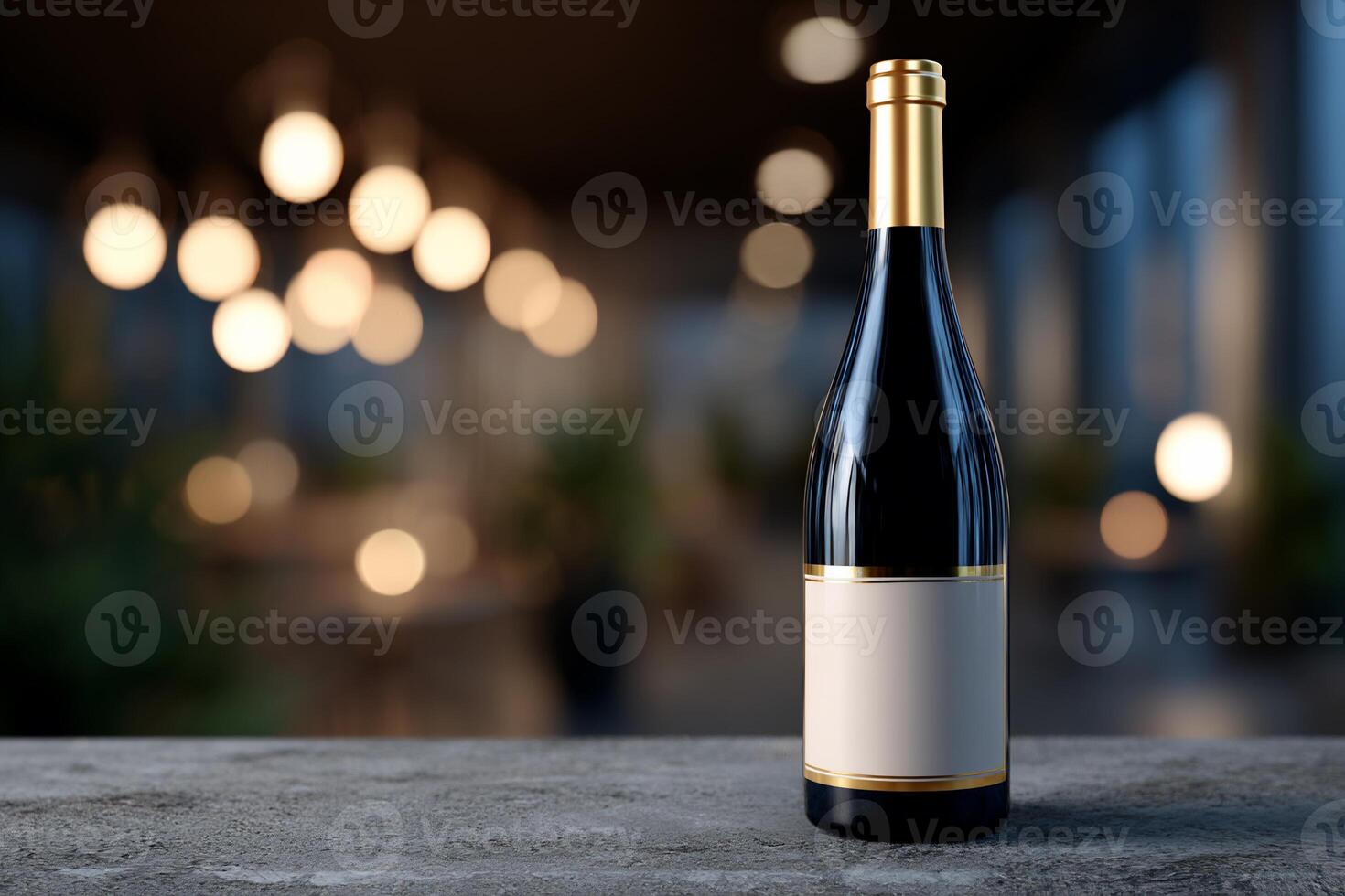 Elegant wine bottle on a table in a dimly lit restaurant photo